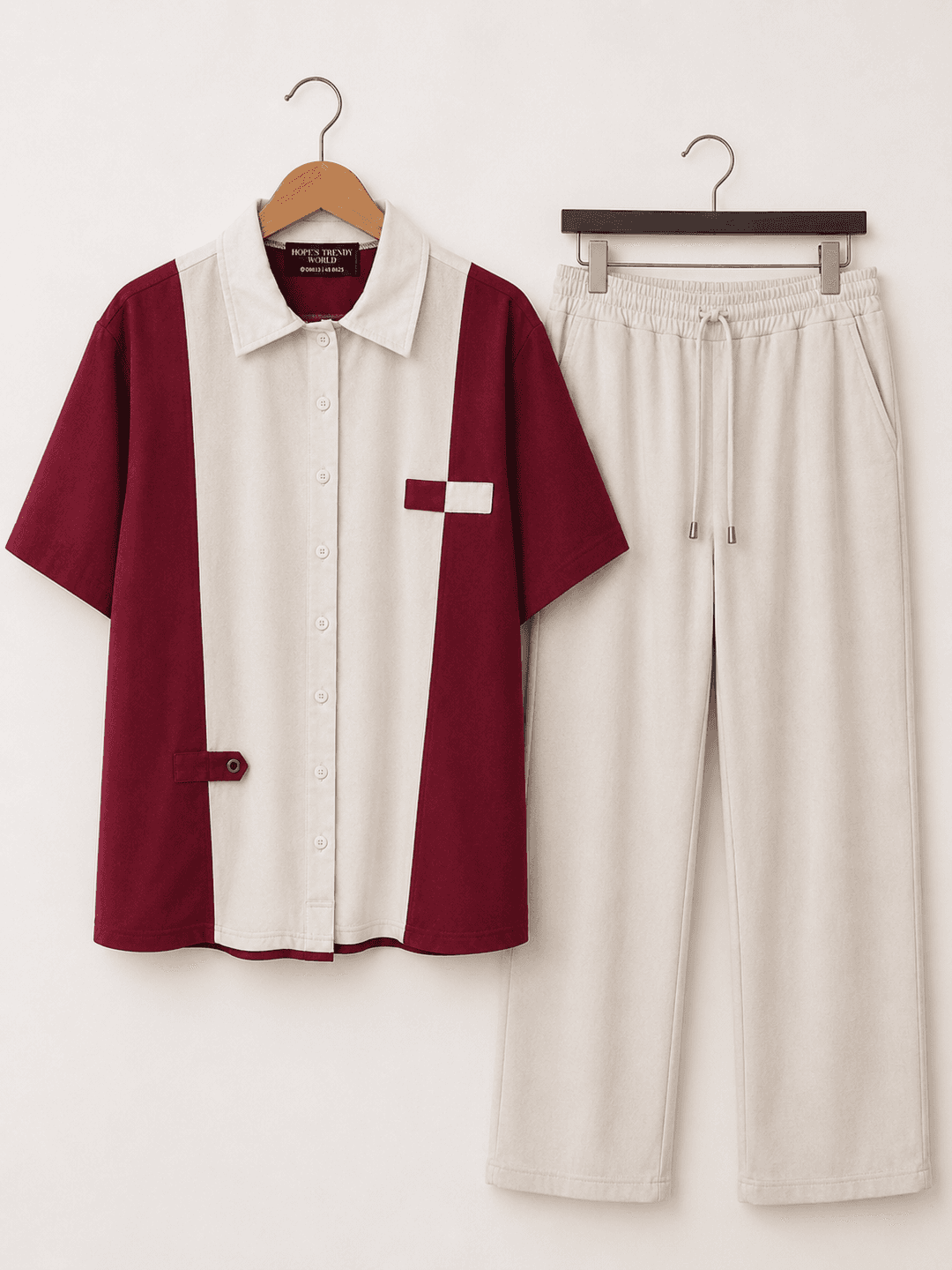 The Colorblock Resort Shirt & Trousers Set β Burgundy & Cream